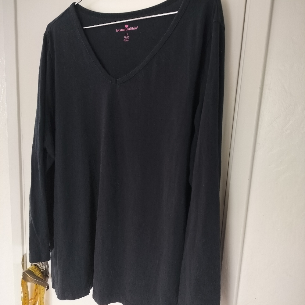 Woman Within Long Sleeve Black V-Neck T-shirt Size 1x (22/24)